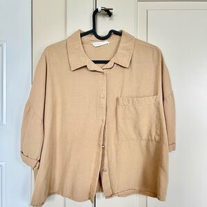Primark | Tan Button-Up Shirt | Crop-Top | Women’s Large